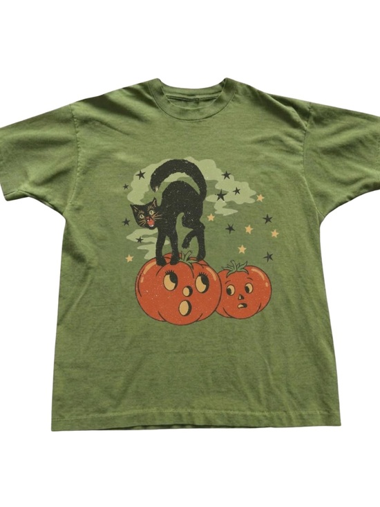 Gildan Tops - Military Green Halloween Cat & Pumpkins Graphic Tee